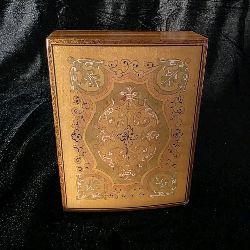 VTG Italian Sorrento Ware Inlaid Wood Trinket Jewelry Box – Foliate Scroll Italy
